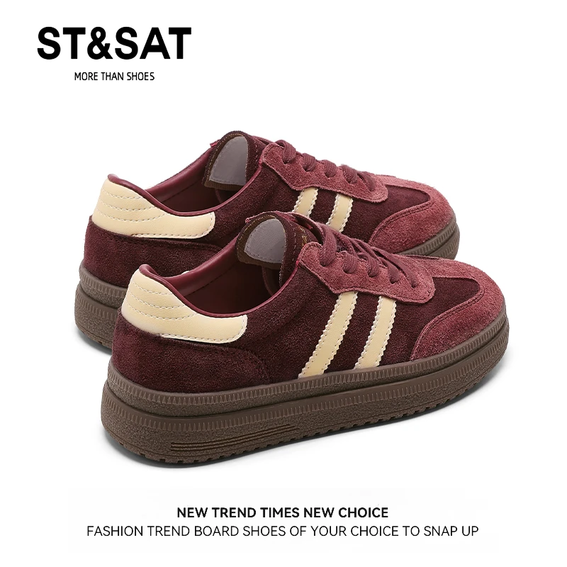 星期六酒红色~爆款复古平底德训鞋女新款运动休闲板鞋百搭小白鞋