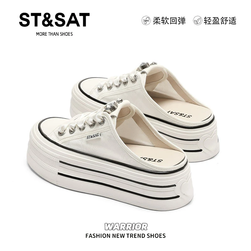 星期六包头半拖鞋女外穿新款夏季懒人帆布鞋无后跟厚底小白鞋女款