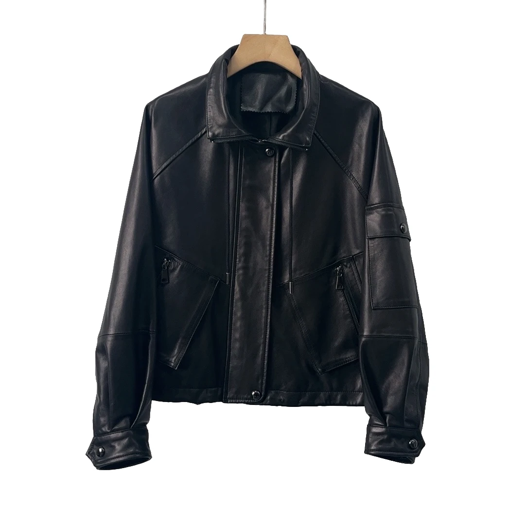 2362海宁真皮小牛皮植鞣皮.皮夹克外套.春秋款翻领休闲百搭时尚女