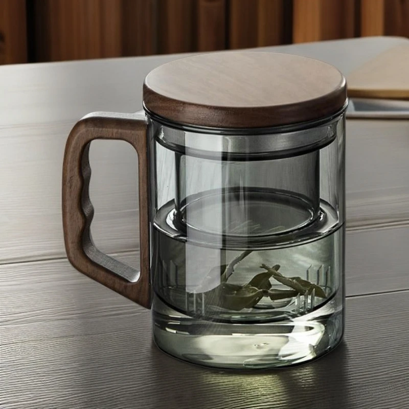 茶水分离泡茶玻璃杯家用耐高温喝茶杯过滤办公室喝水杯木把茶道杯