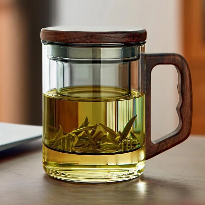 高硼硅加厚茶水分离杯耐高温锤纹玻璃泡茶杯家用办公室带手柄茶杯