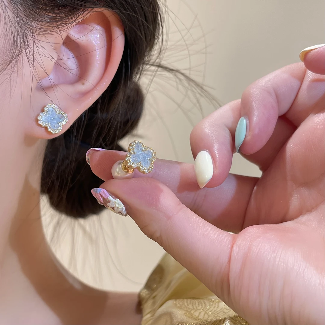 蓝色渐变水晶两戴ins四叶草耳钉小众百搭新R1502