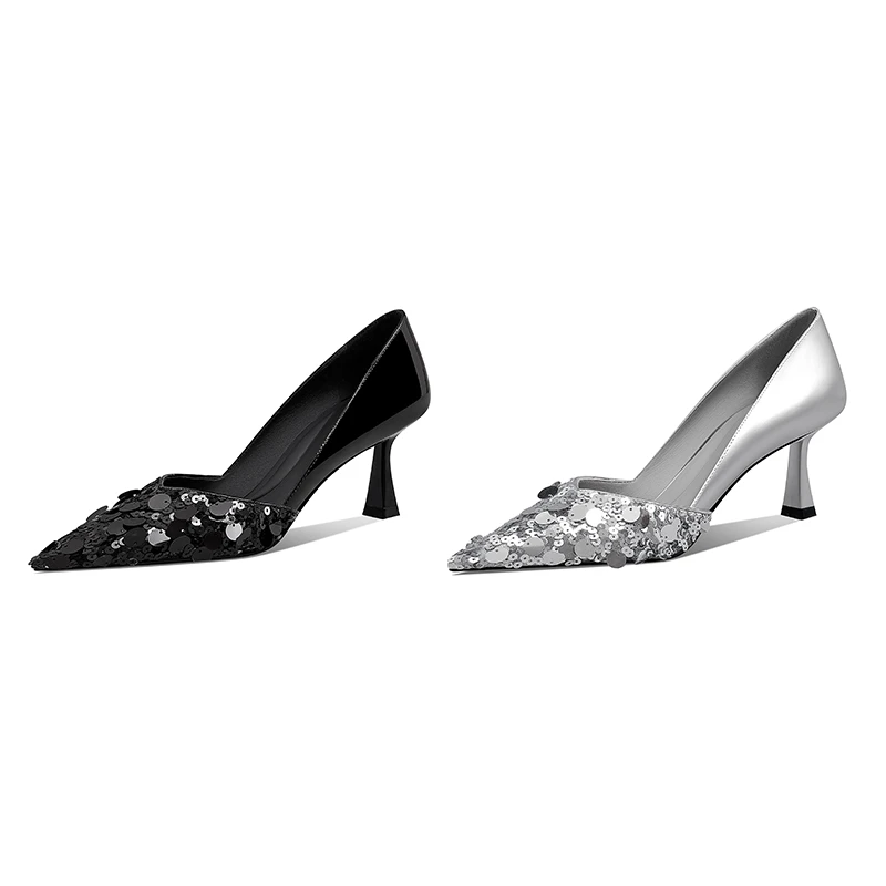 【跟高6.5cm】2025年春季新款尖头珠片细跟高跟浅口单鞋女