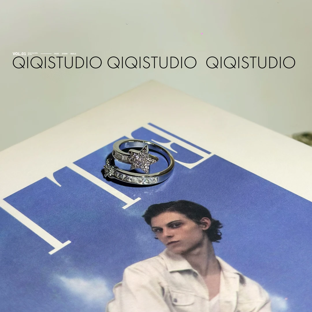 铜合金锆石戒指 爆闪星河时尚叠戴精致镶钻闪亮五角星开口戒指