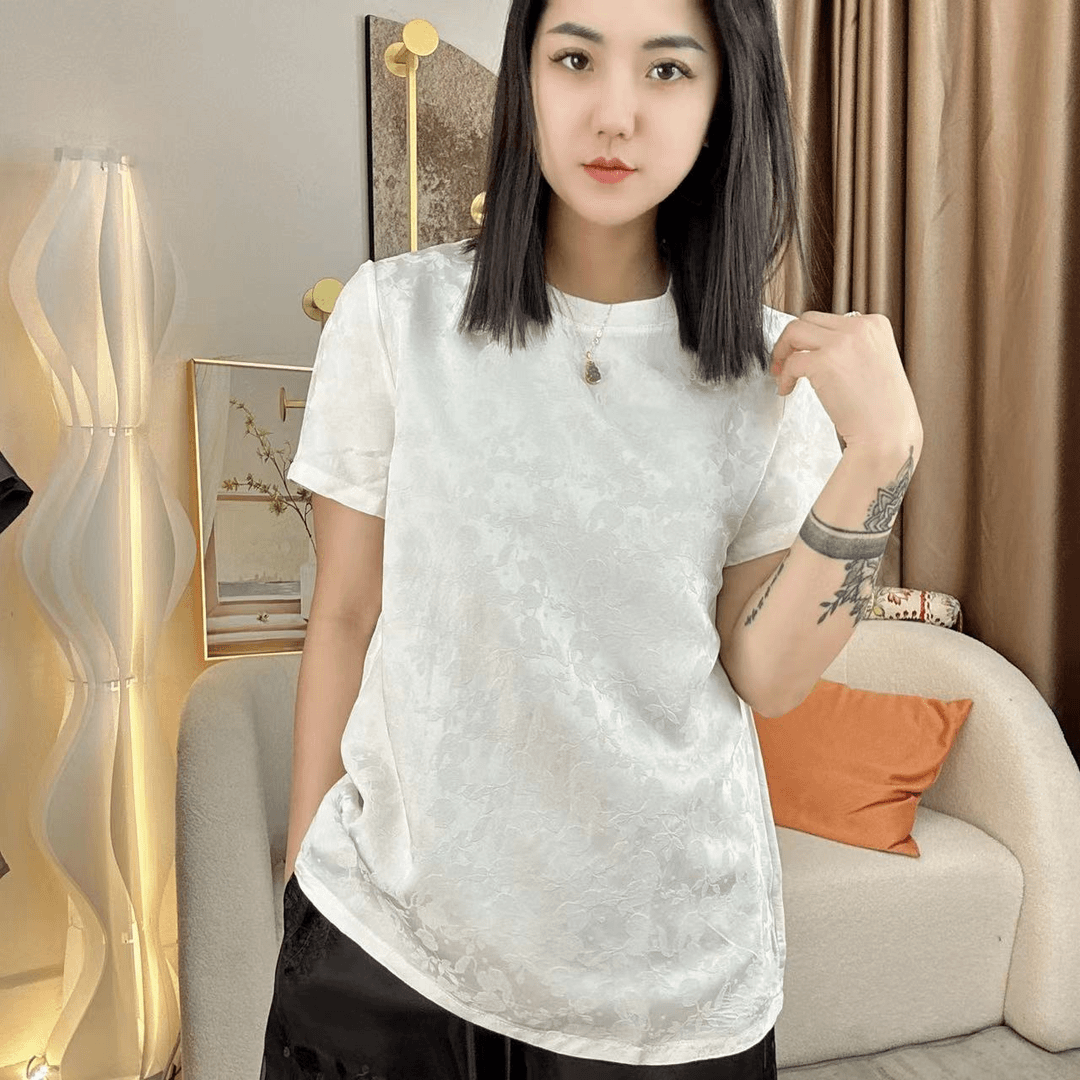 元素家 90606-1夏季款 新中式女装时尚百搭重磅醋酸刺绣提花短袖