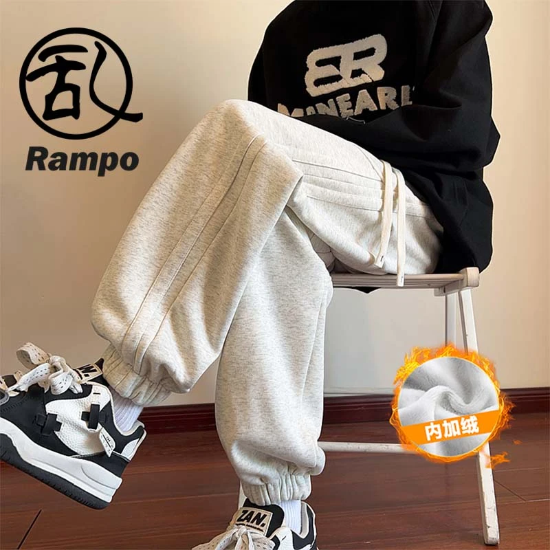 Rampo/乱步秋冬季加绒美式重磅卫裤男潮牌宽松直筒束脚运动休闲裤