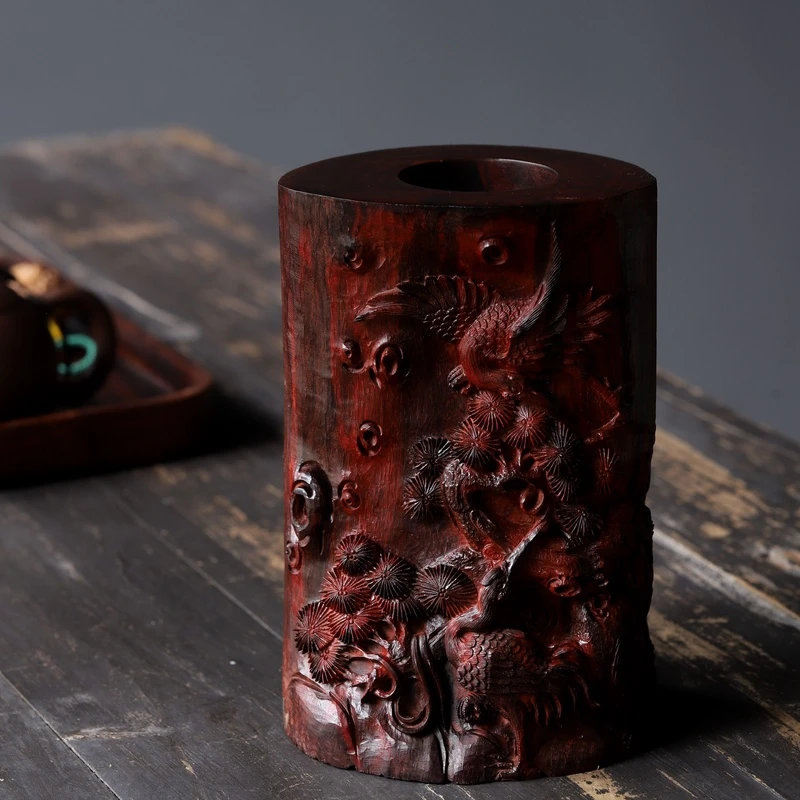 印度小叶紫檀拆房老料笔筒天然风化原漆皮沙实心红木精品手工作品