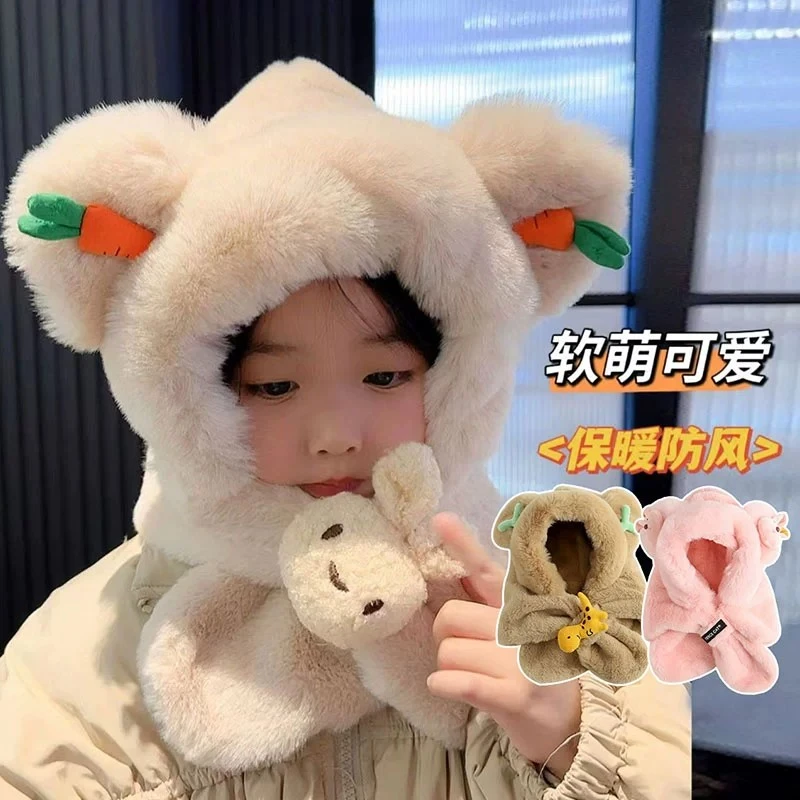 秋冬季新款儿童帽子毛绒围巾可爱超萌加厚宝宝护耳帽保暖帽男女童