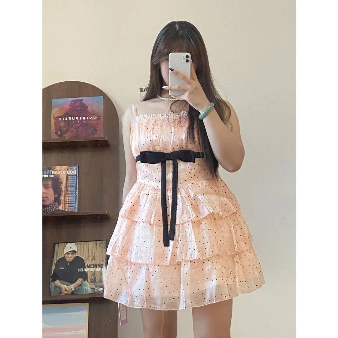 【别叫醒我】小众甜美波点蛋糕裙收腰吊带抹胸裙设计感珠光连衣裙