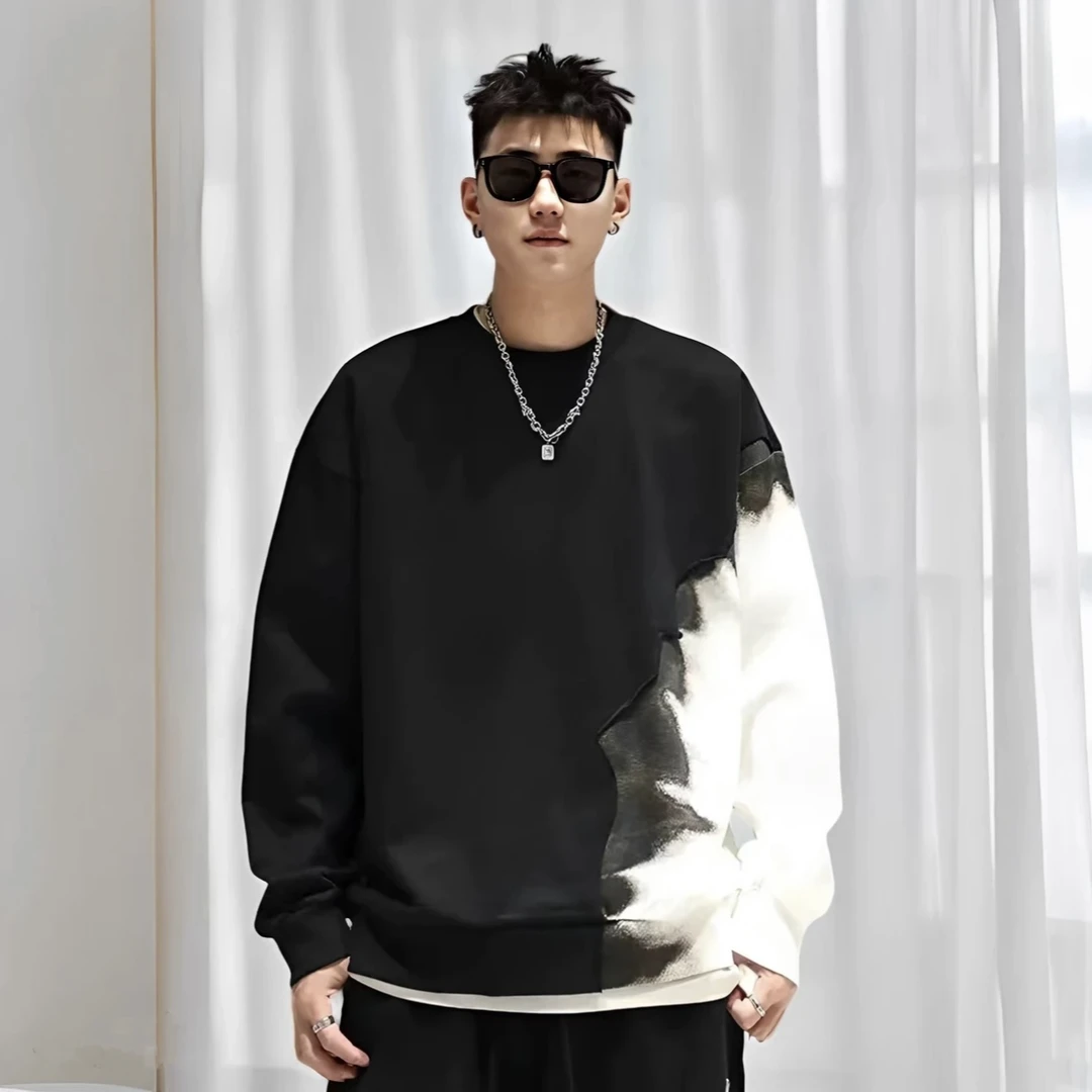 新款秋冬重磅大码美式潮牌拼色渐变纯棉卫衣男生个性痞帅宽松上衣