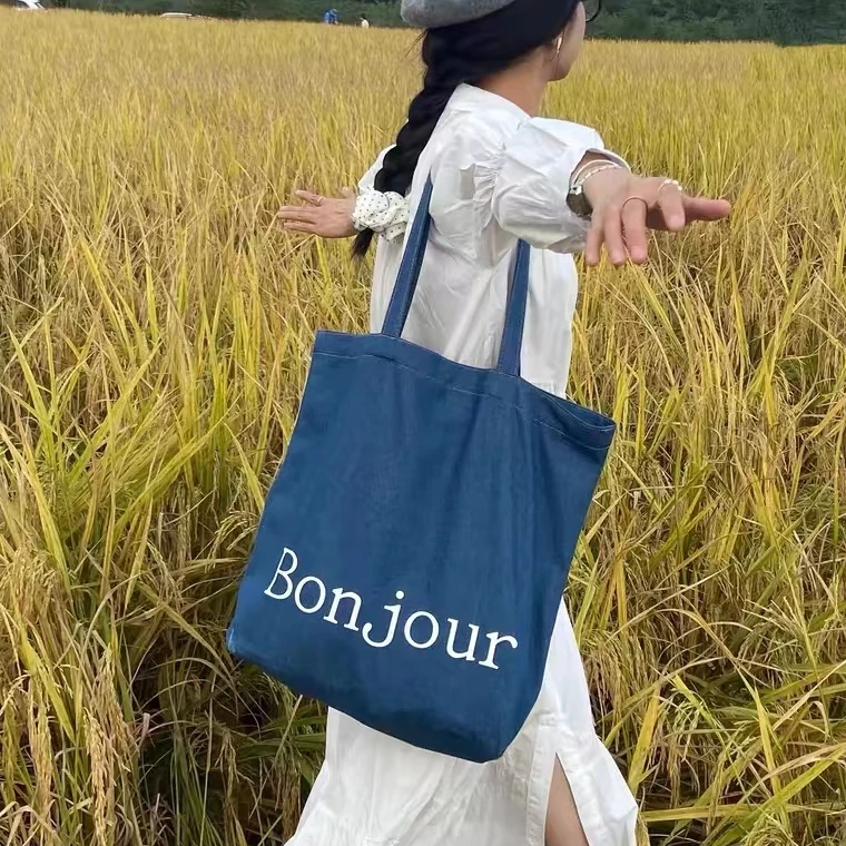 Wfei韩版ins水洗蓝色牛仔布包简约纯色百搭单肩包休闲文艺帆布包