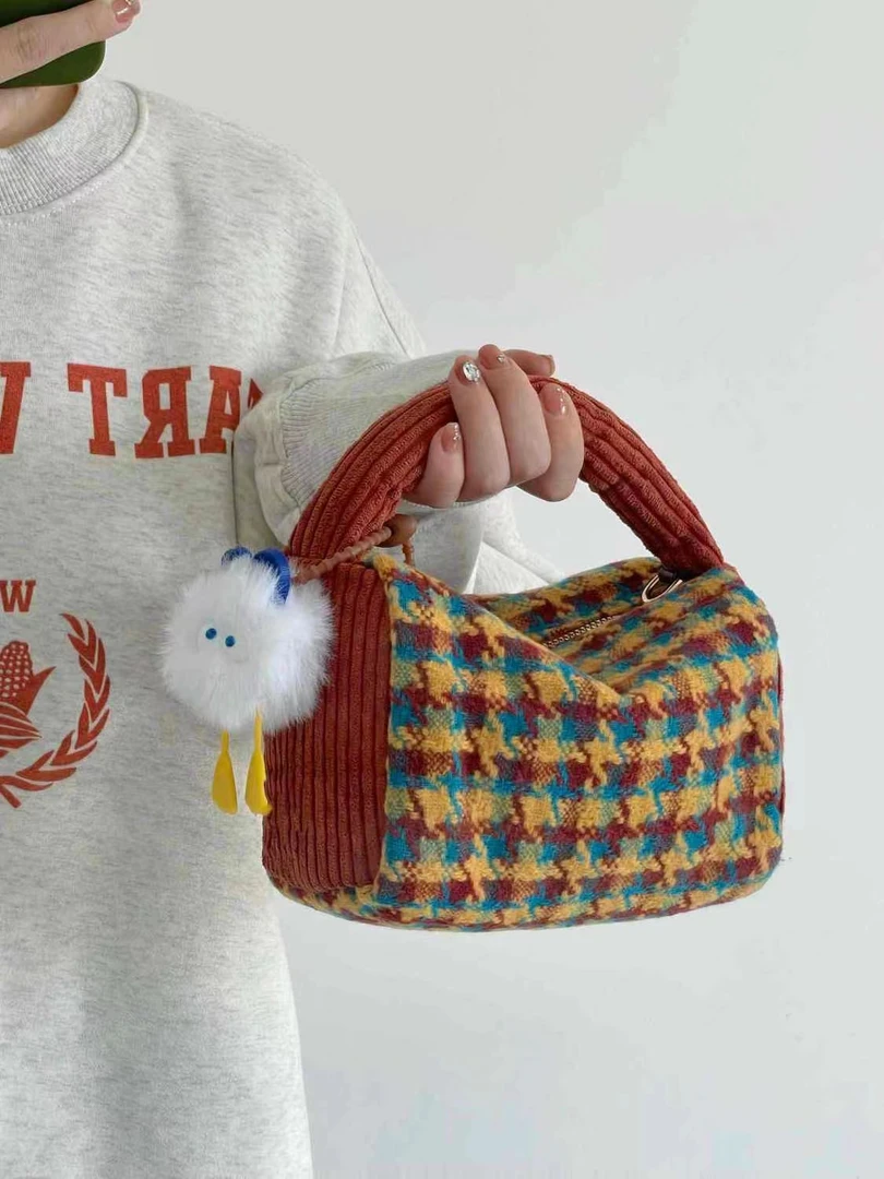 2023新款可爱小众河豚包撞色千鸟格纹手提包斜挎包韩系秋冬包包女