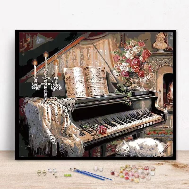 半面妆数字油画diy钢琴世家华宴少女装饰画网红高难度填色画抖音