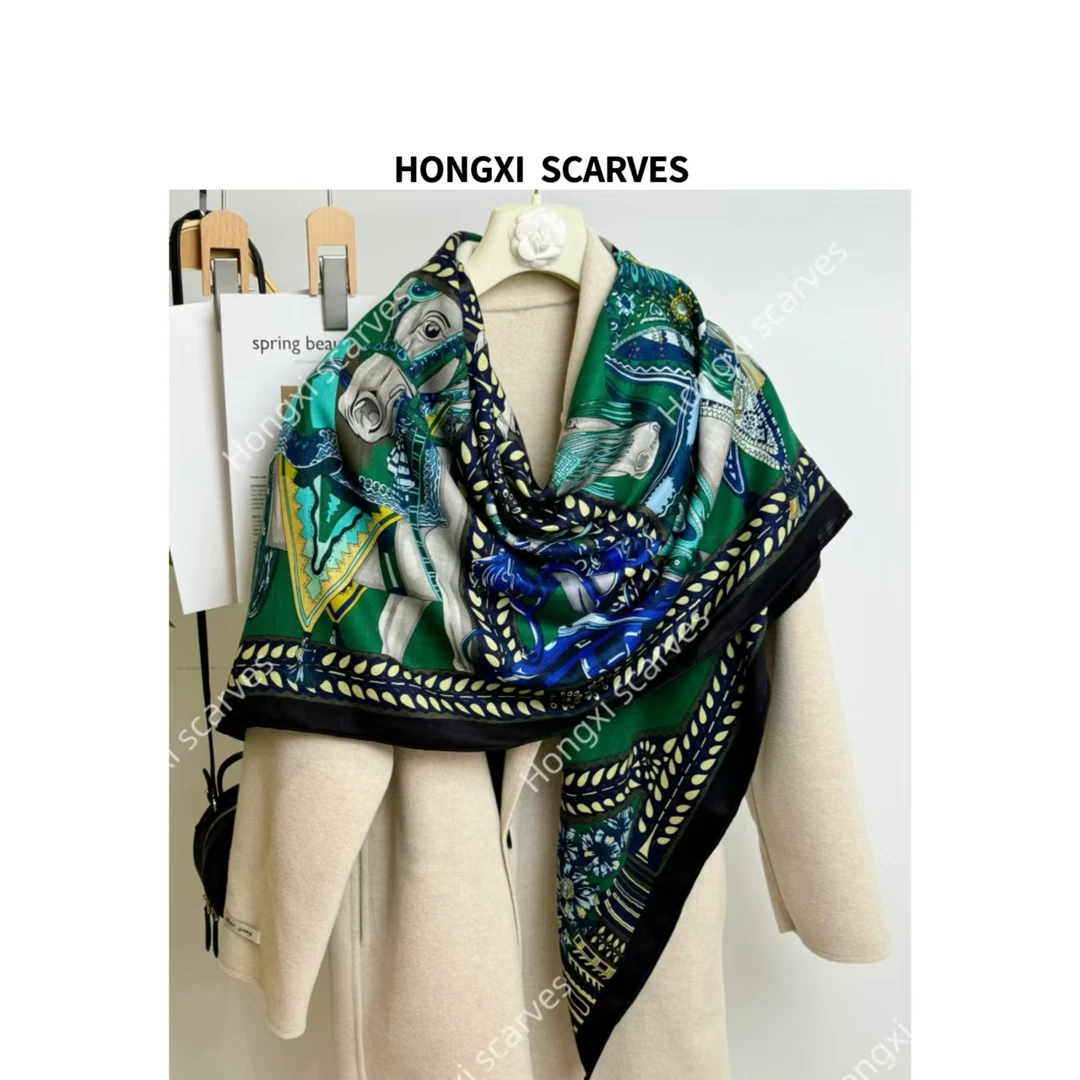 丝毛双面绿色马驹图130方巾女士丝巾搭配衣服围巾披肩外搭H086