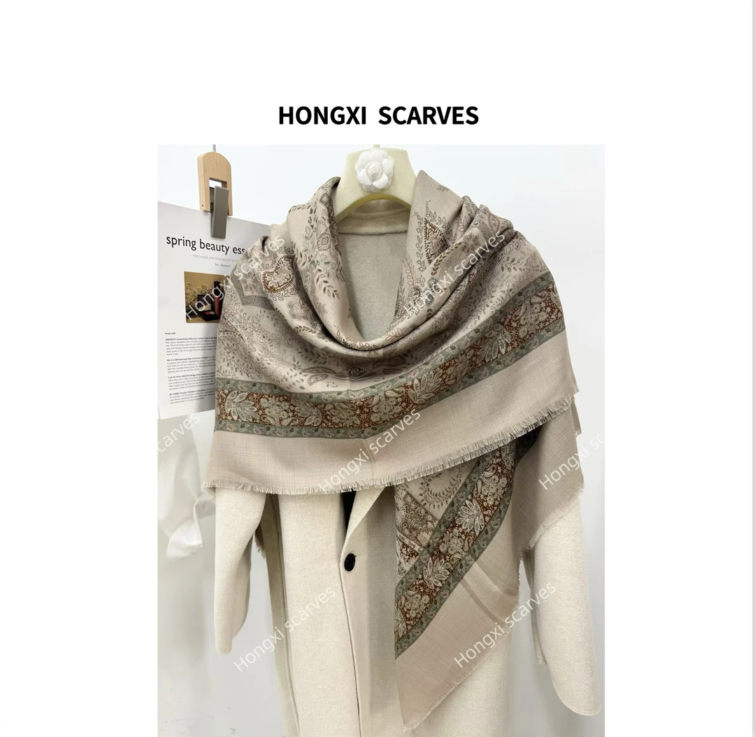 Hongxi Scarves/鸿晰丝巾丝毛lp钻石纹莫兰迪复古腰果135方巾H196