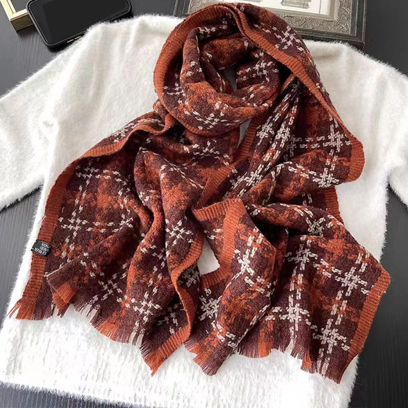 Hongxi Scarves/鸿晰绵羊毛香香编织风苏格兰红180*40长巾L044