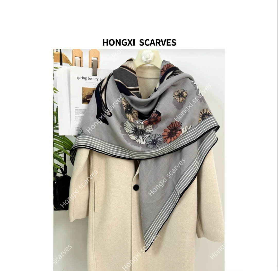 Hongxi Scarves/鸿晰丝毛单面鲜花马驹130方巾H131