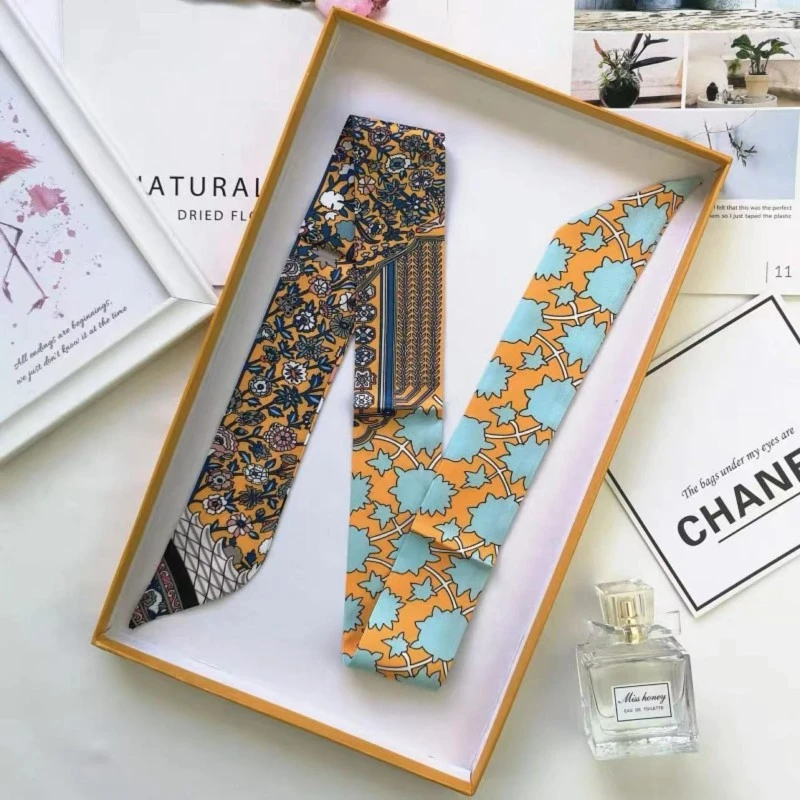 Hongxi Scarves/鸿晰桑蚕丝女士束发带黄色小碎花85×5发带P021