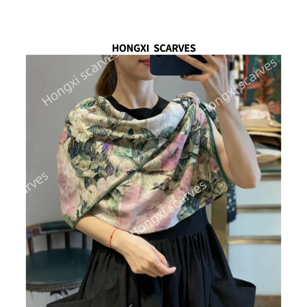 Hongxi Scarves/鸿晰丝毛双面粉色小香山茶花130方巾手工卷边H035