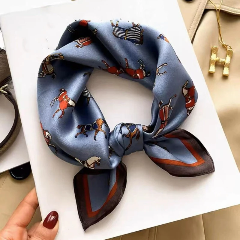 桑蚕丝单面马耳他蓝骏马图50方巾女士真丝丝巾搭配披肩外搭A113