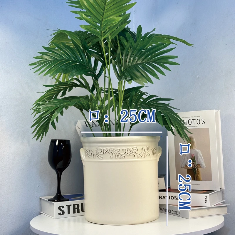 高档简约陶瓷花盆复古花纹家用客厅暖白色大号绿植专用花盆