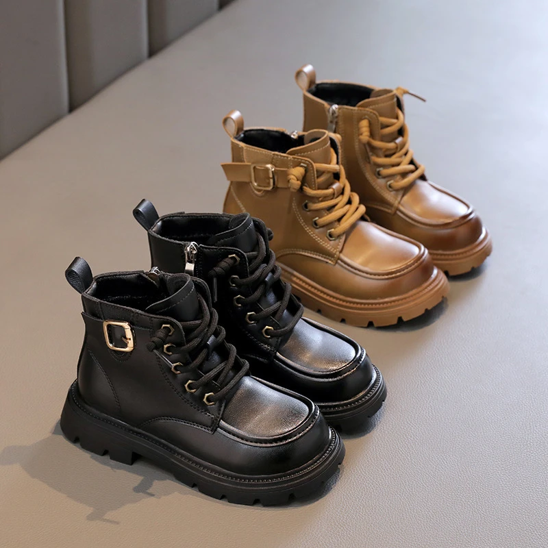 女童马丁靴加绒保暖二棉靴儿童秋冬新款低筒皮靴男童英伦风短靴