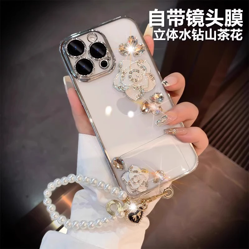 水钻立体山茶花适用苹果15promax手机壳iphone14透明全包13带挂绳