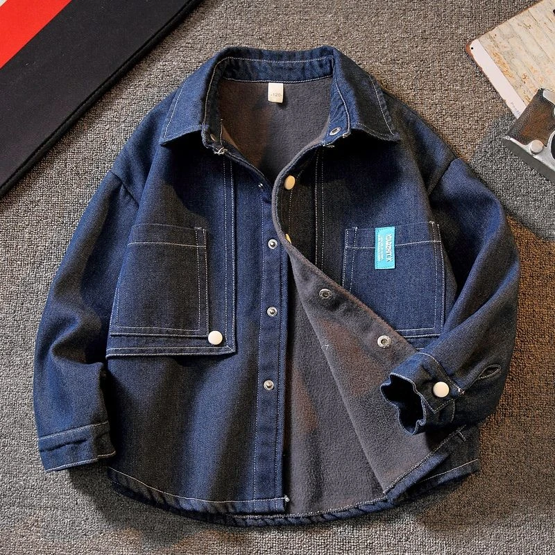 儿童装男童牛仔衬衫2023新款中大童加绒男孩加厚痞帅一体绒潮