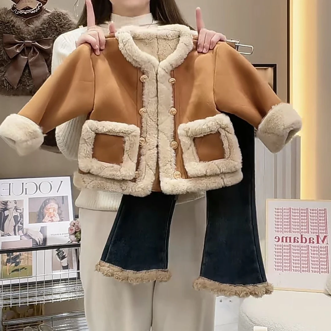 女童冬装套装2023新款女宝洋气皮毛外套儿童加绒加厚牛仔裤两件套
