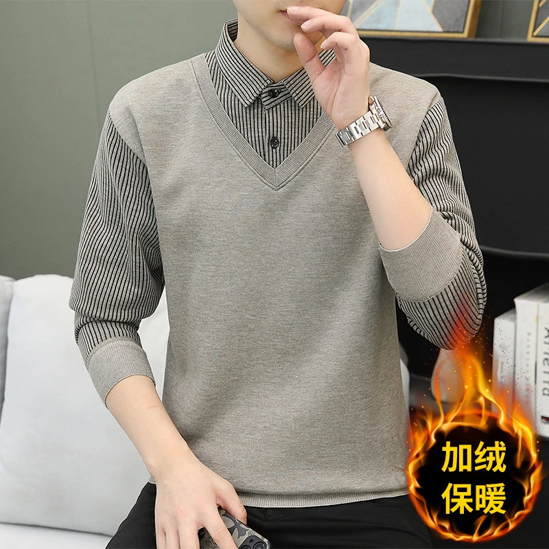 秋冬季假两件衬衫领毛衣男士带领针织衫青年潮流加绒加厚毛线衣服