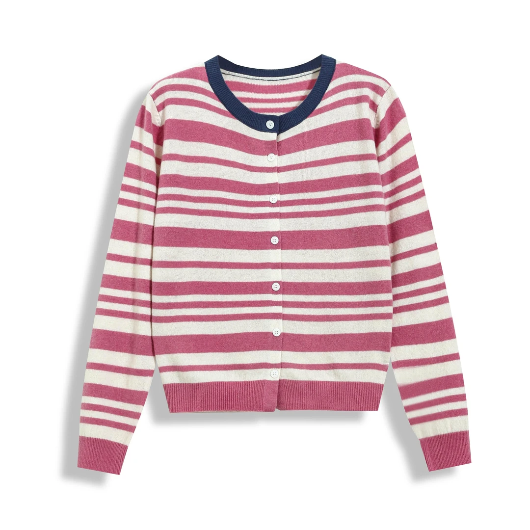 宁熙ec原创圆领条纹女气质显瘦百搭韩版单排扣针织毛衣2T65259