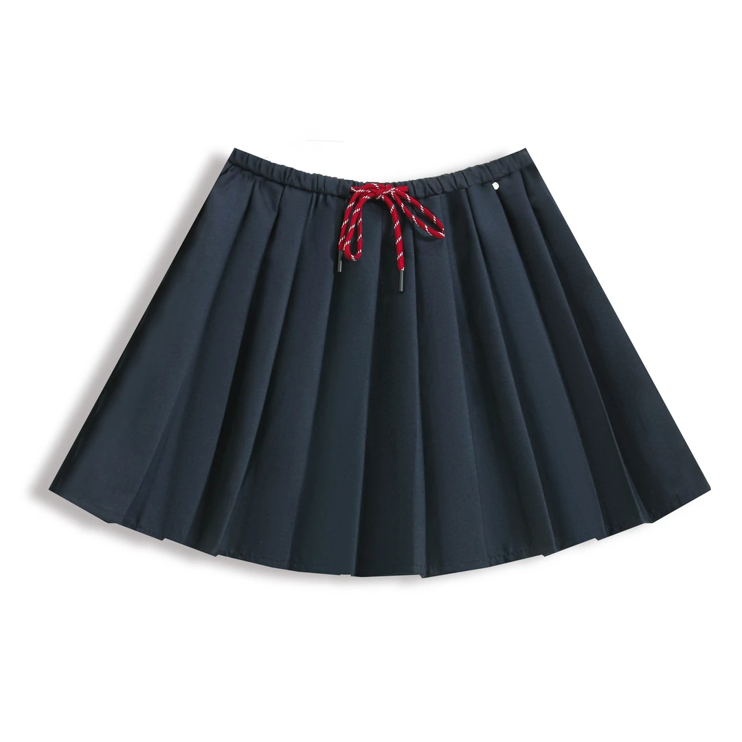 EC原创女装2024春夏咖绳藏蓝贴布字母百褶短裙腰时尚半身裙A8211