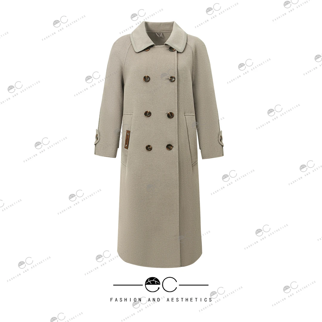 宁熙EC原创2023冬韩版设计撞色拼皮宽松中长款双面呢外套DB816