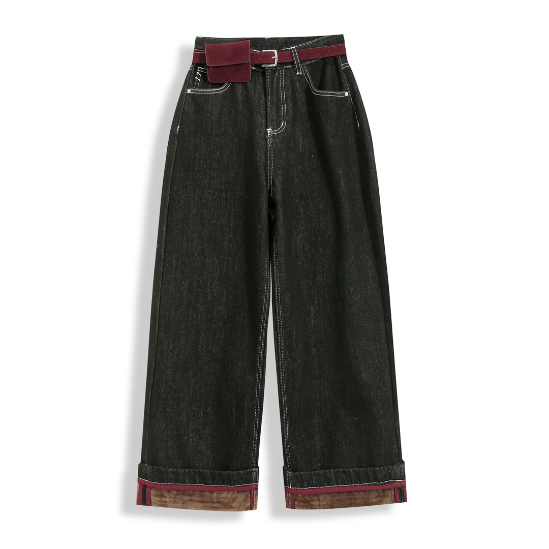 宁熙EC原创新款韩版设计翻边加绒显瘦直筒女装阔腿裤休闲99582