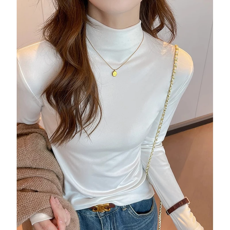 白色打底衫女秋冬2024新款半高领德绒长袖内搭高级感百搭修身上衣