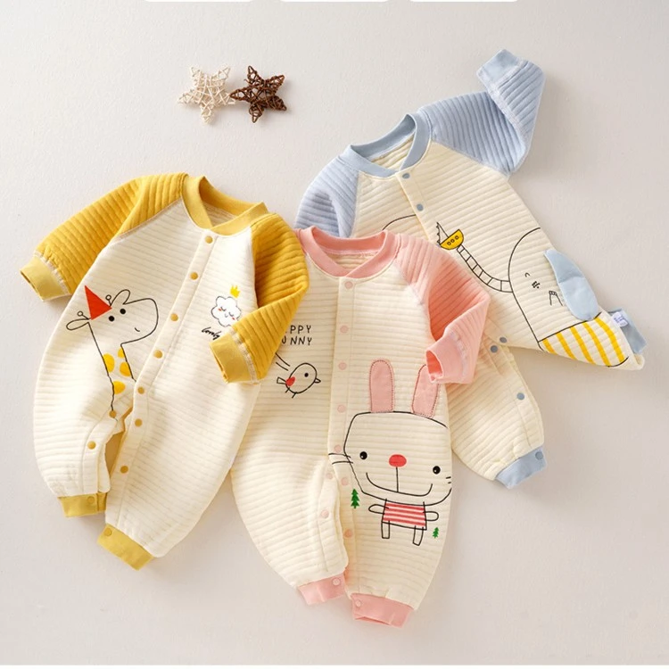 （可可鸭）婴儿连体衣服春秋夹棉三层保暖无骨工艺宝宝爬服哈衣