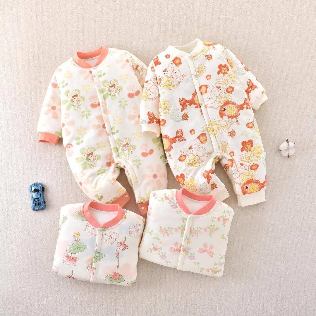 婴儿120克棉服连体衣新生儿秋冬保暖纯棉加厚无骨棉衣宝宝外出服