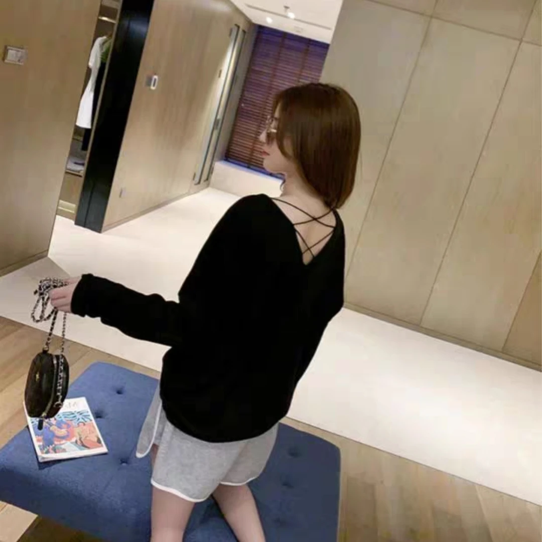 韩版前后两穿露背t恤女设计感小众交叉宽松休闲纯色薄上衣防晒衣