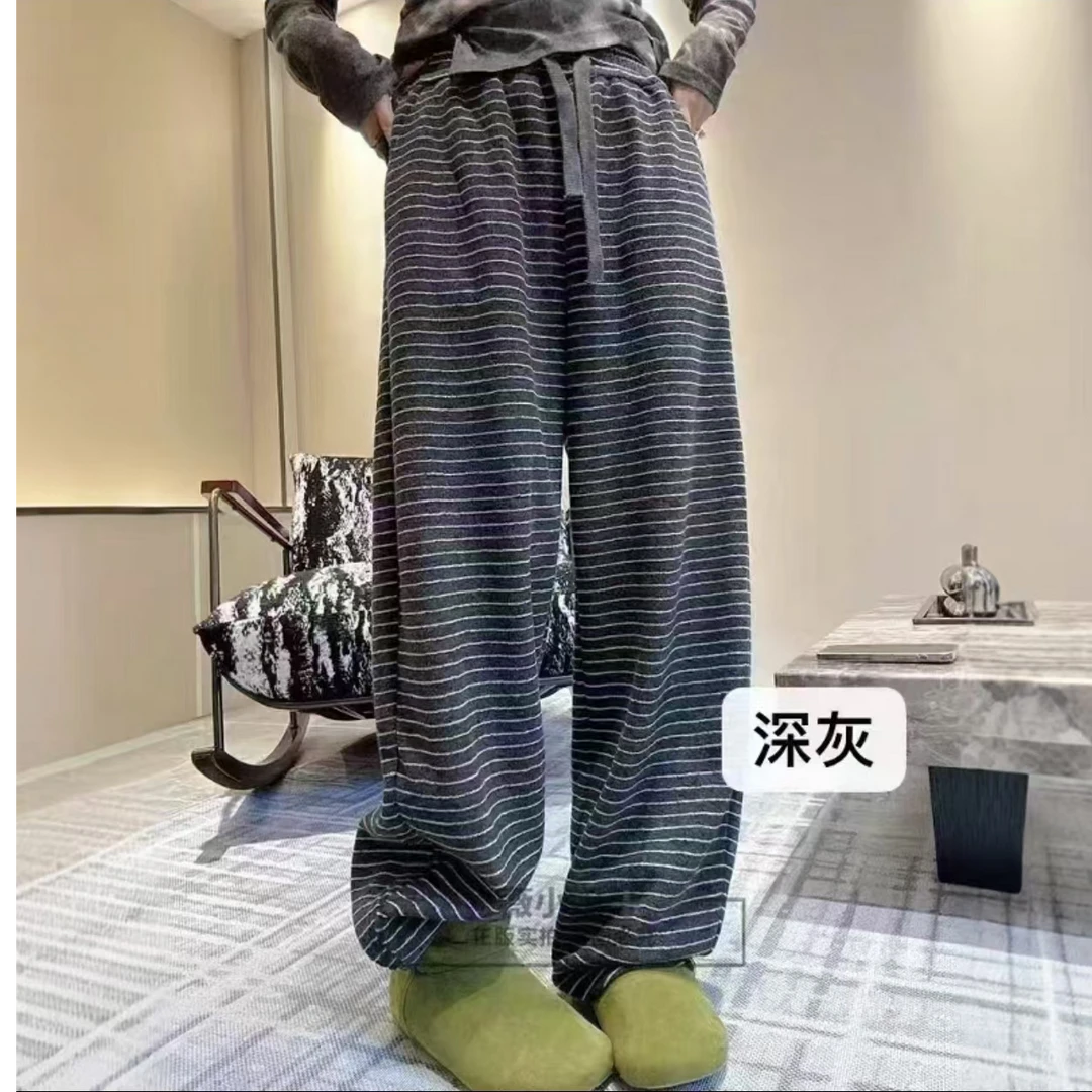 【无口带】2025新款百搭显瘦直筒加绒条纹阔腿休闲裤长裤