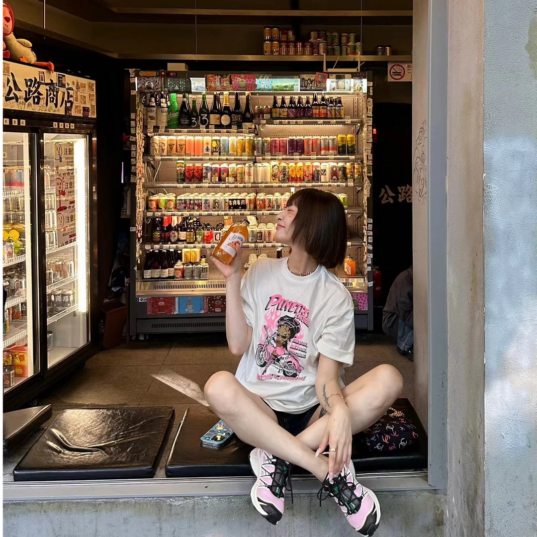 【汤老板私服】白色印花机车贝蒂前后印花T桖时尚夏季休闲上衣