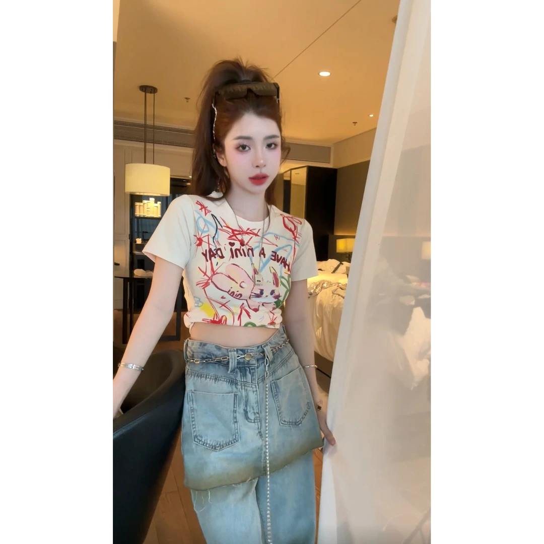 HuiHui【漫画家族】小众设计涂鸦短袖上衣 手绘涂鸦工艺（A21)