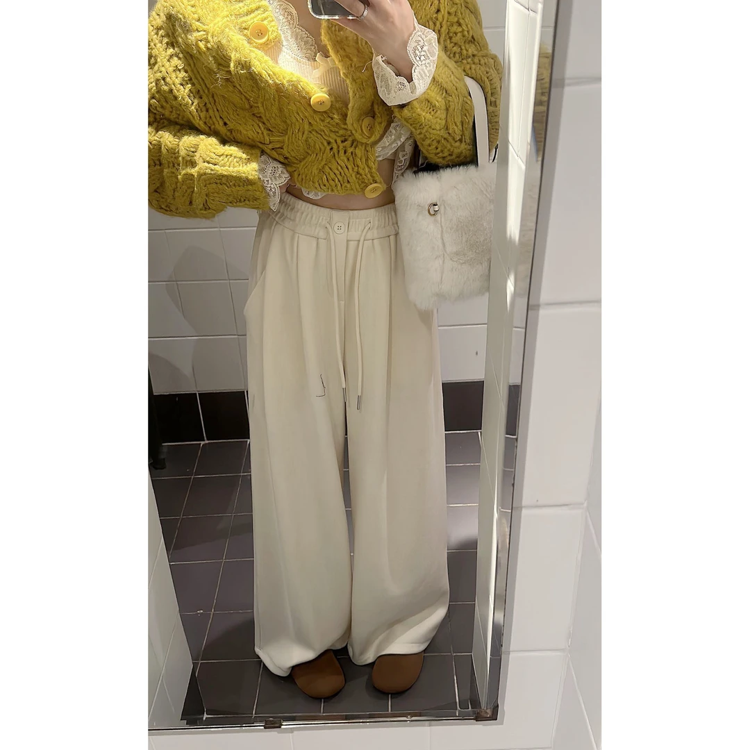 【HuiHui】韩版加厚阔腿裤女高腰垂感休闲拖地直筒裤（A1137）