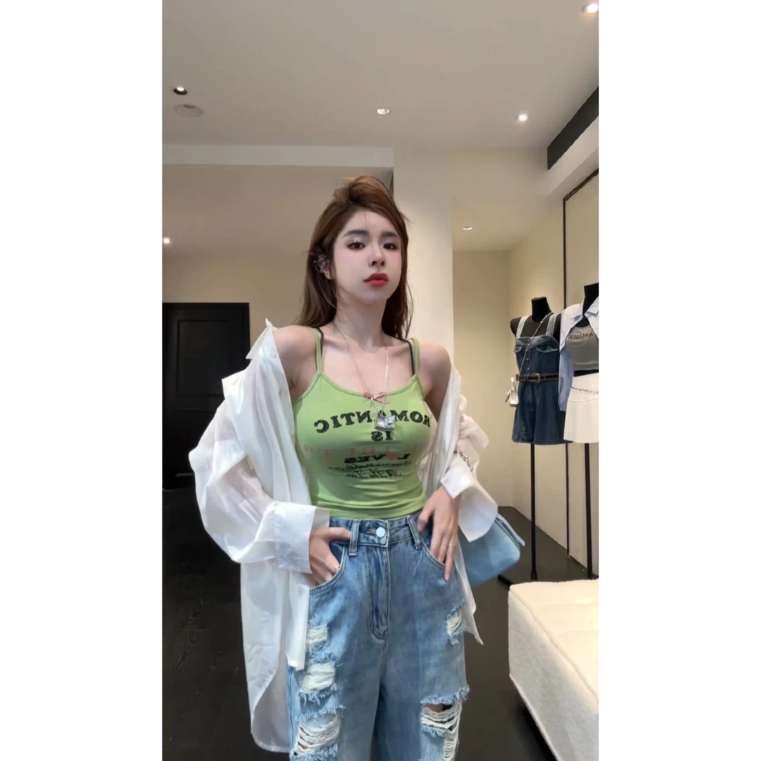 HuiHui【清爽一夏】撞色字母吊带背心上衣 遮副乳有弹力无胸垫（A83）