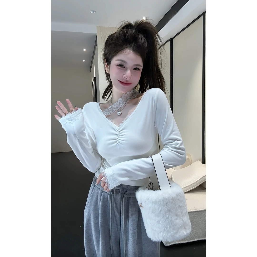 【加绒加厚】纯欲性感长袖蕾丝衫T恤新款修身收腰短款上衣（A1139）