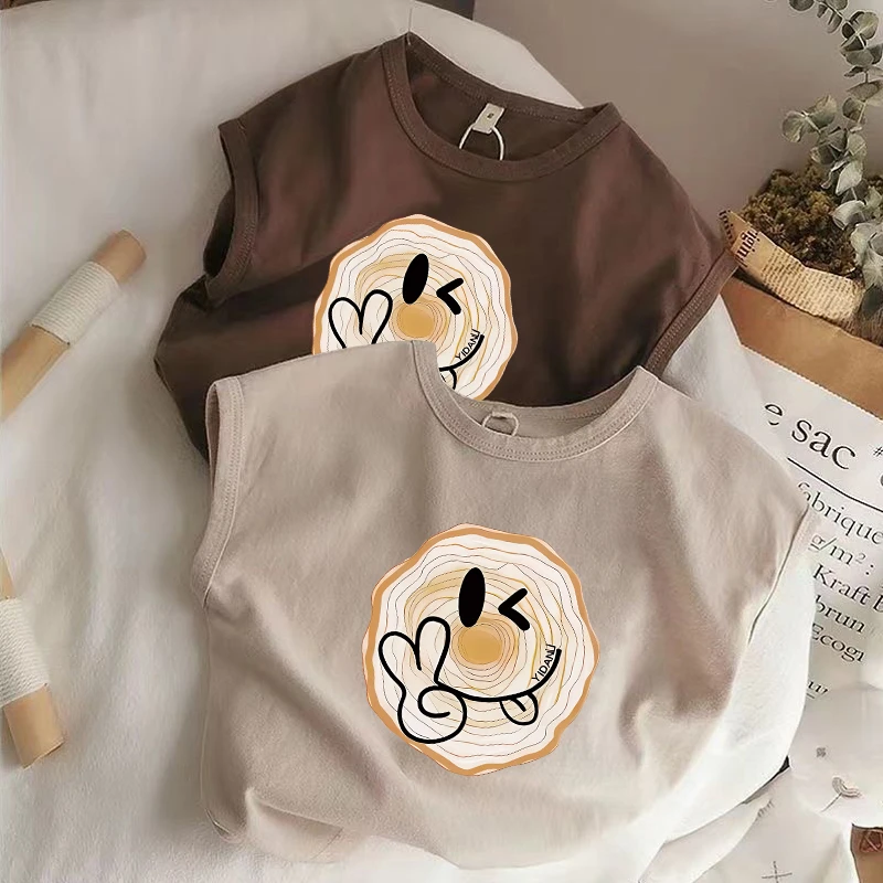 纯棉百搭儿童圆领背心夏季新款男女童洋气卡通印花薄款无袖T恤ins