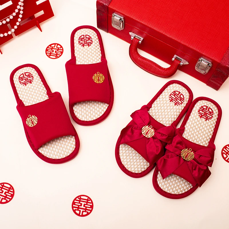 结婚拖鞋新婚喜庆一对红色情侣陪嫁新娘婚礼婚庆拖鞋居家防滑