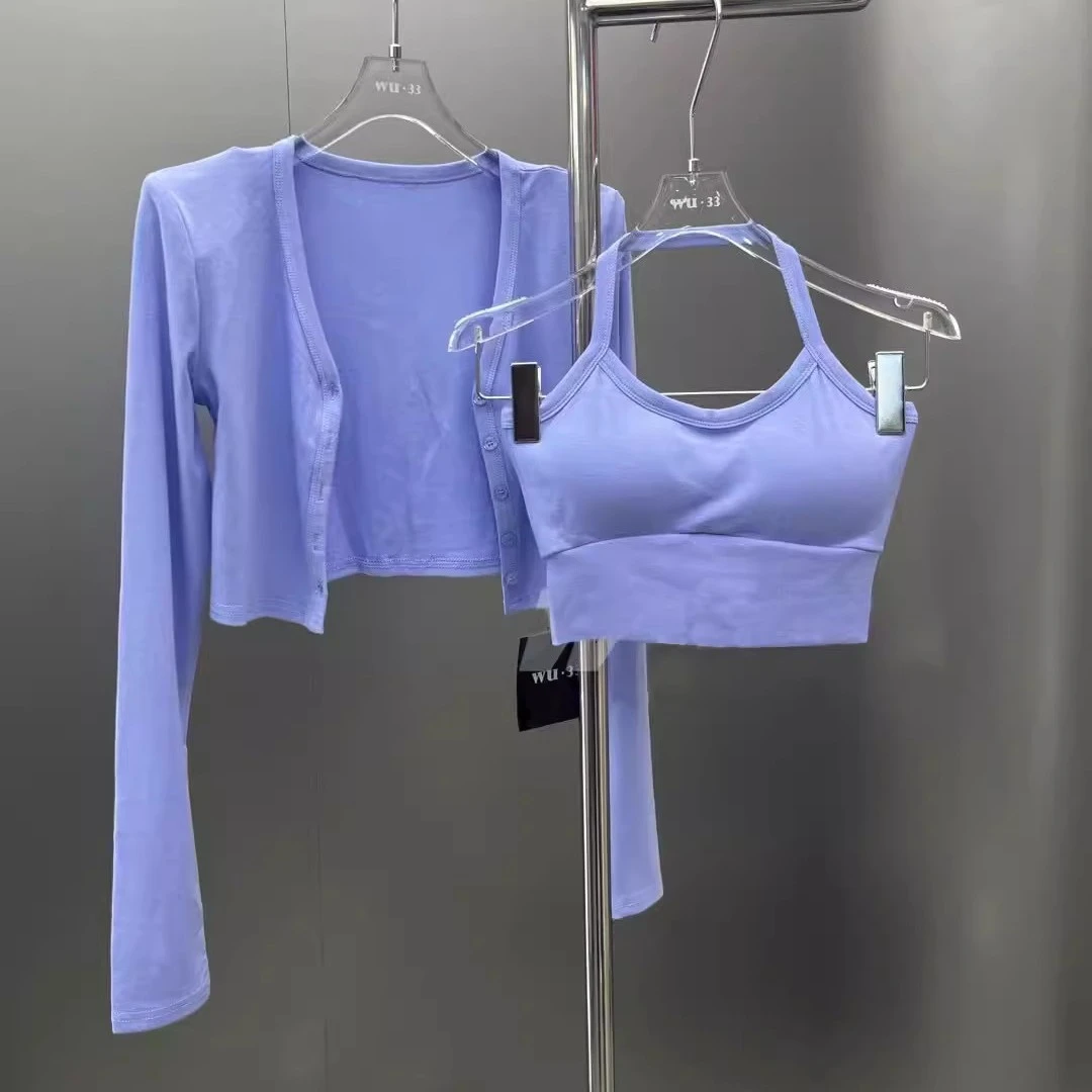 现货有胸垫挂脖吊带+垫肩针织开衫两件套女修身短款高腰上衣套装