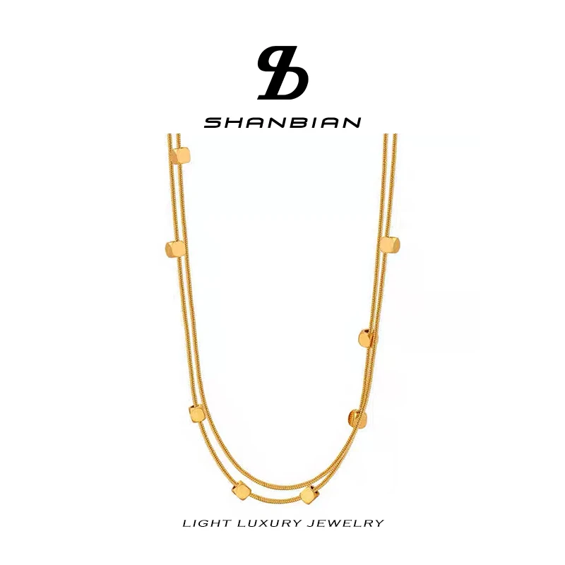 钛钢项链 洗澡不用摘 双层小方块项链1329