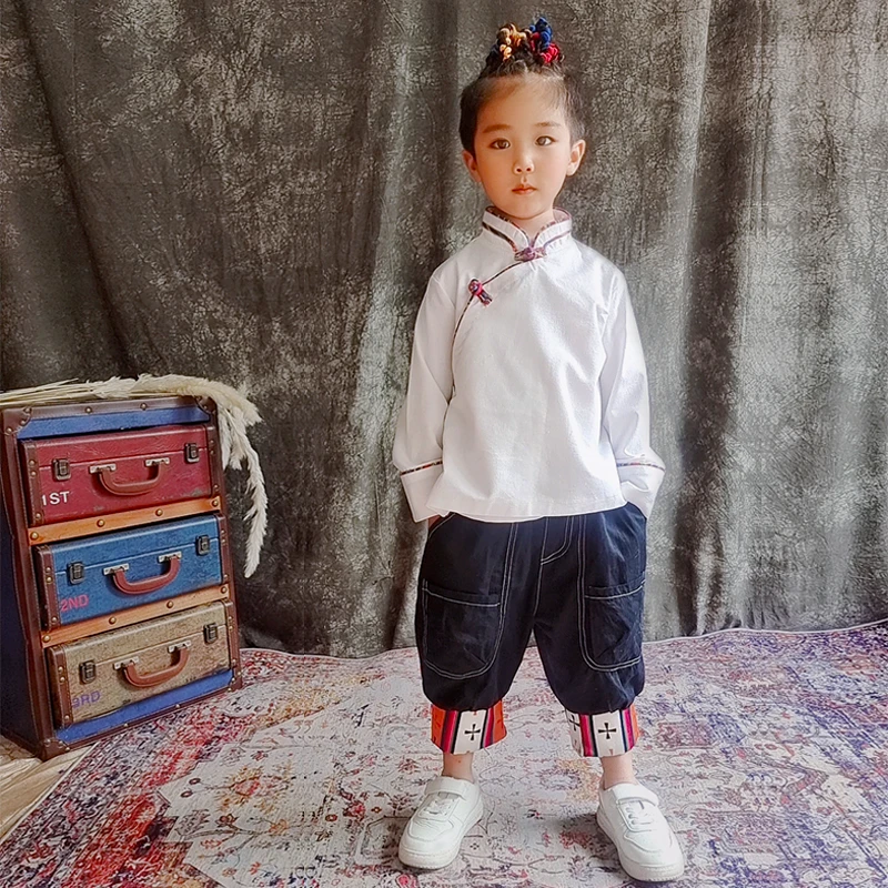 儿童藏服男女同款纯色衬衣民族风盘扣包边小孩藏装蒙古服服装打底