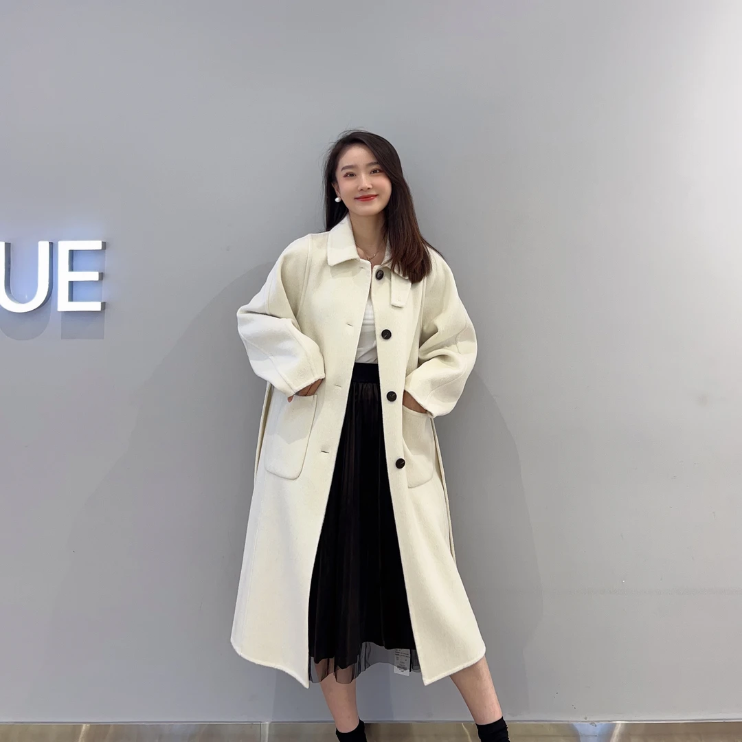 4D63系带长款大衣冬装新款冬装双面呢宽松单排扣翻领毛呢大衣外套